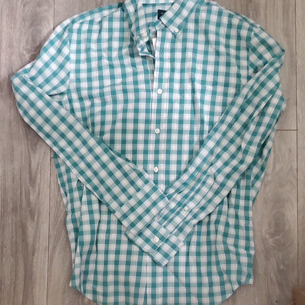 J. Crew Teal Green and White Gingham Flex Washed Button-Down Casual Shirt